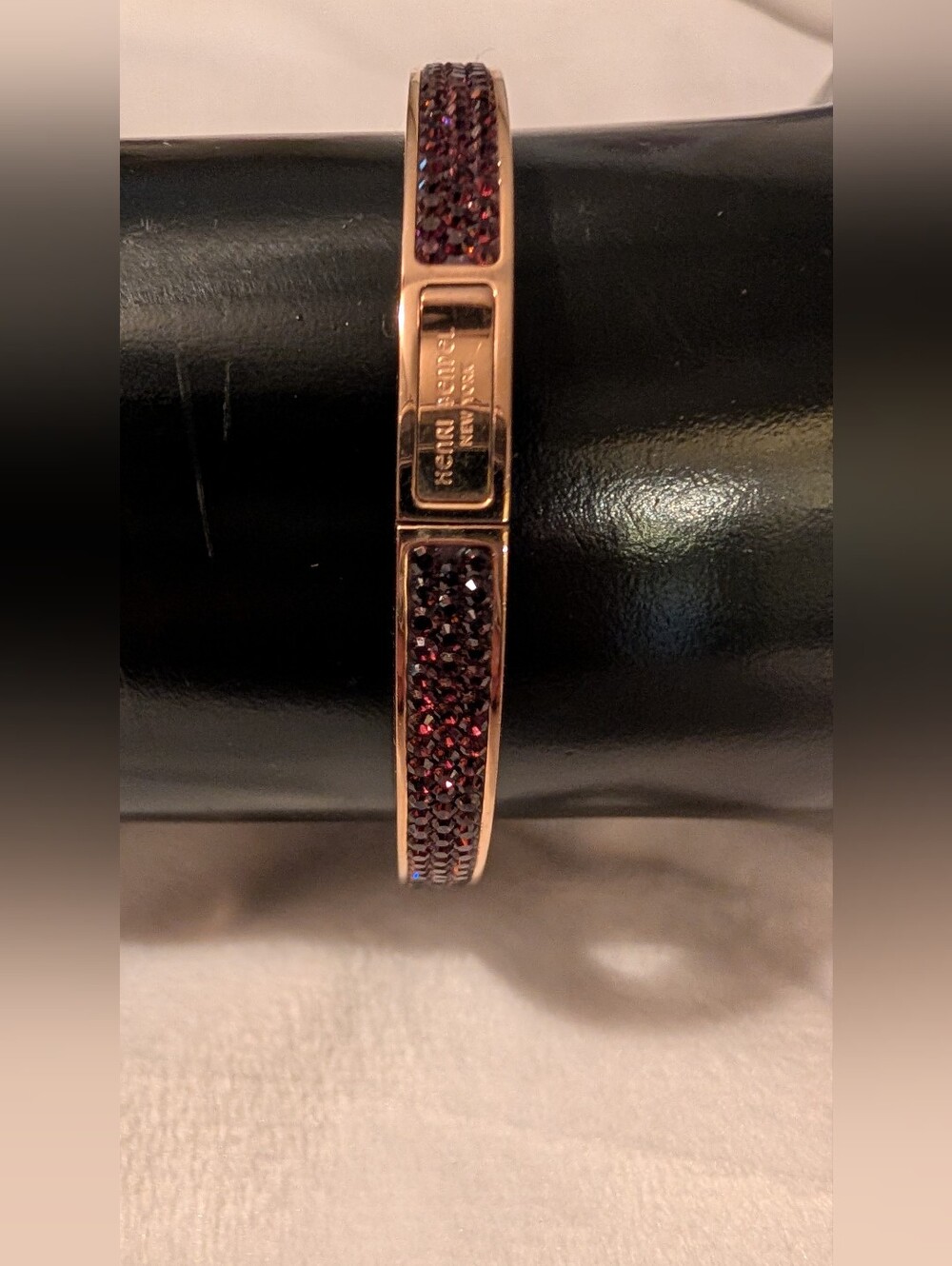 Henri Bendel Crystal Pave Hinged Bangle Bracelet Rose Gold Maroon VGC